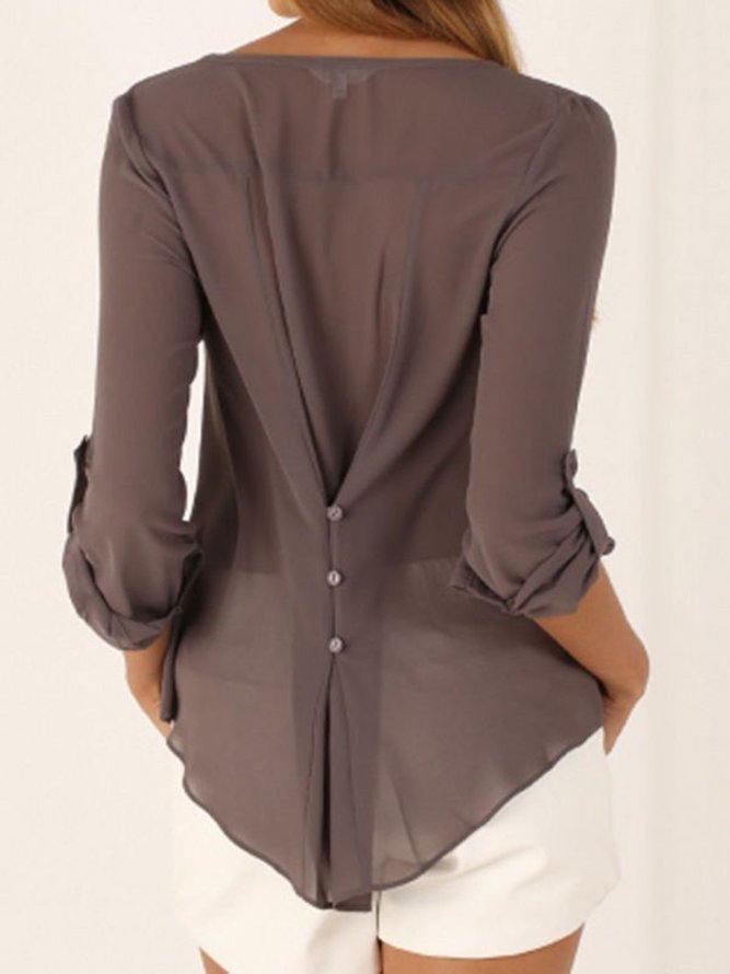 V-Neck 3 4 Sleeve Buttoned Casual Solid Chiffon Plus Size Blouse